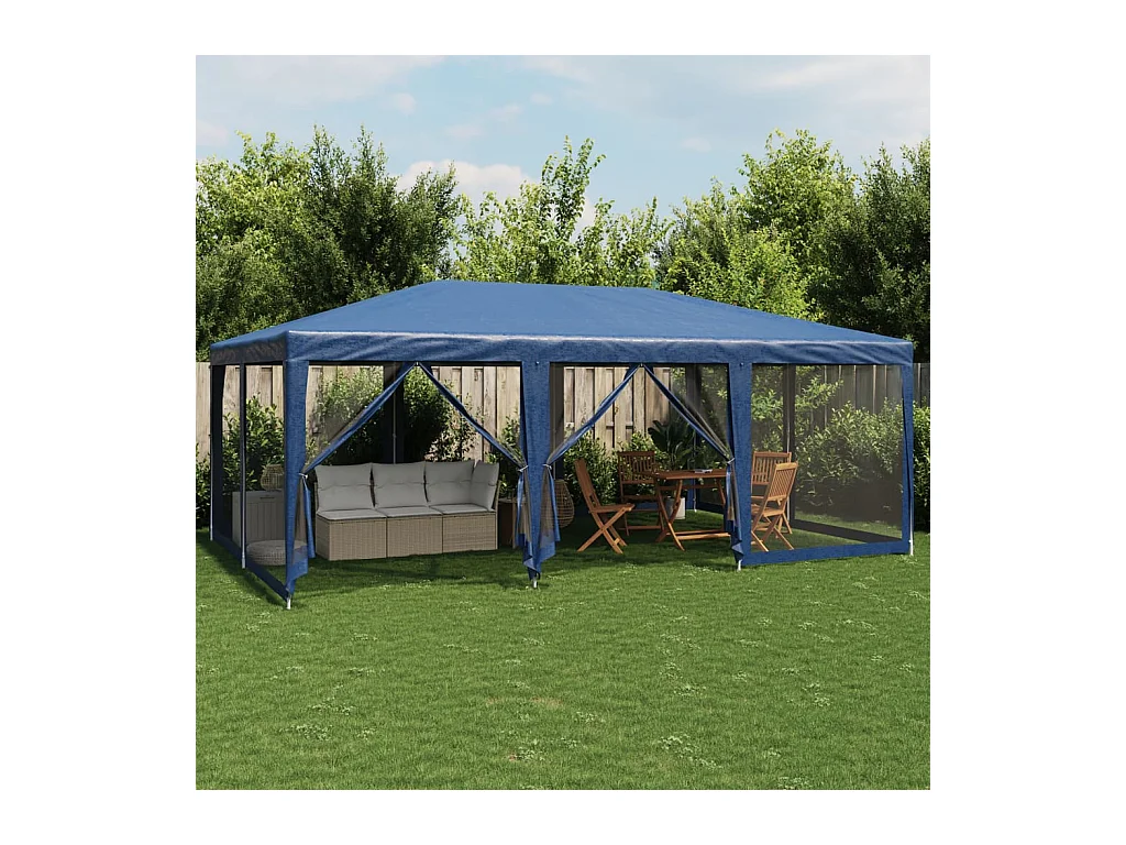 Tente de fête avec 10 parois latérales en maille bleu 6x4m PEHD