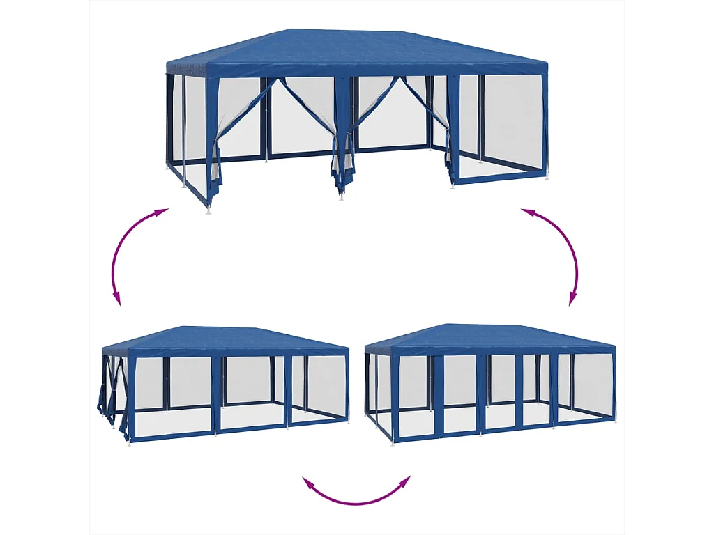 Tente de fête avec 10 parois latérales en maille bleu 6x4m PEHD
