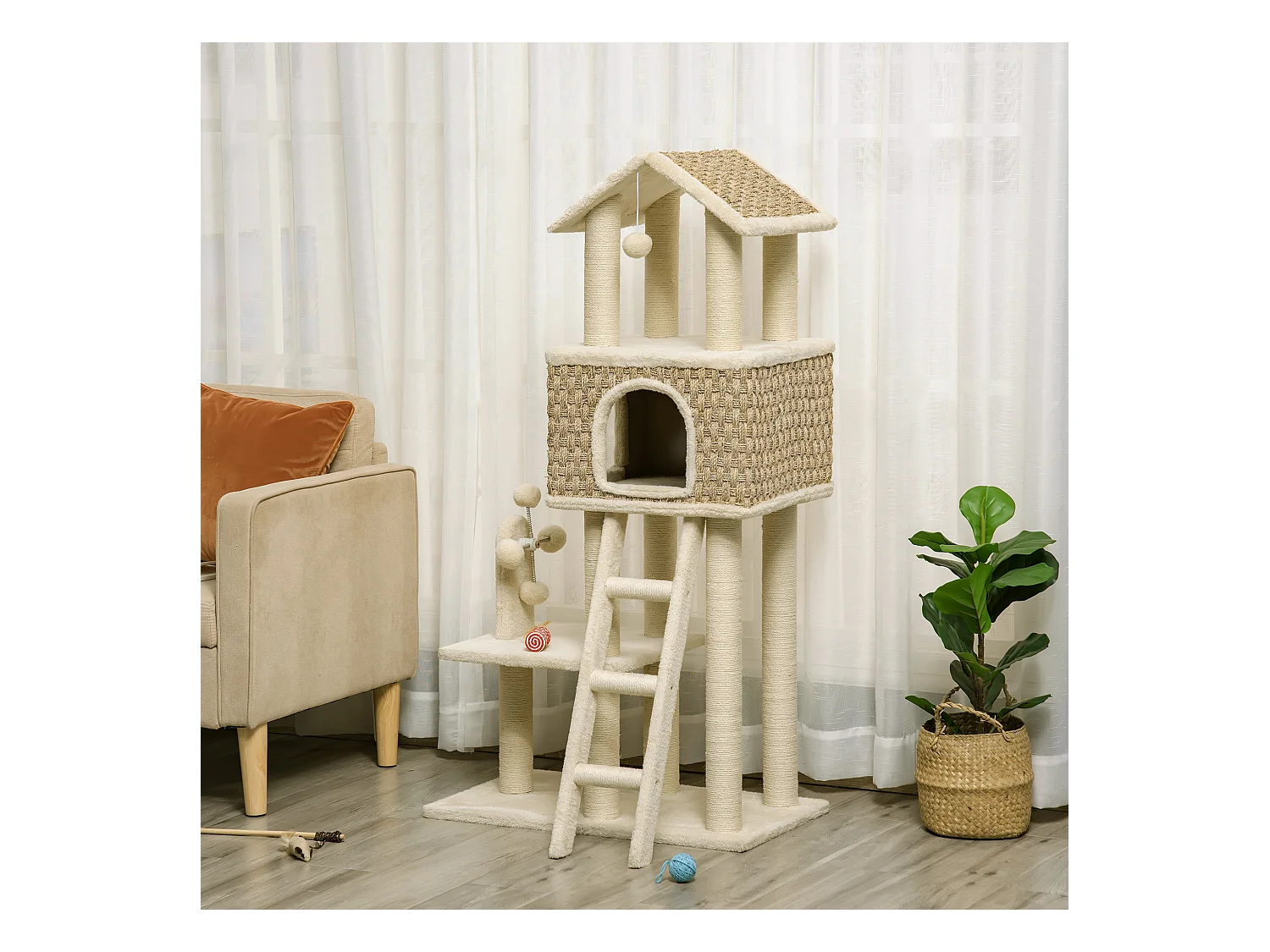 Krabpaal met tunnel, 2-in-1 design, jute, voor katten tot 5 kg, beige en kaki (69x40x131 cm)