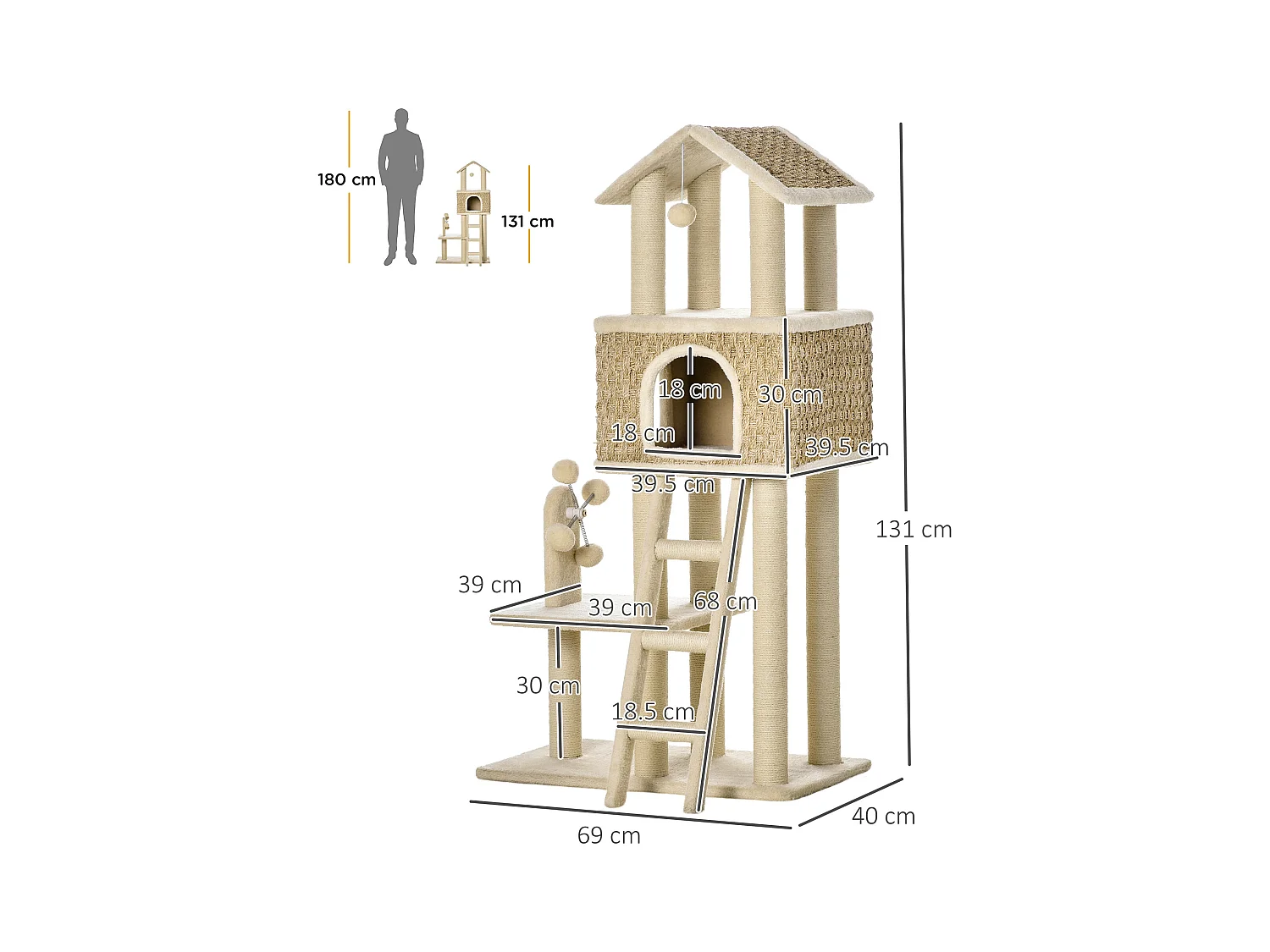 Krabpaal met tunnel, 2-in-1 design, jute, voor katten tot 5 kg, beige en kaki (69x40x131 cm)
