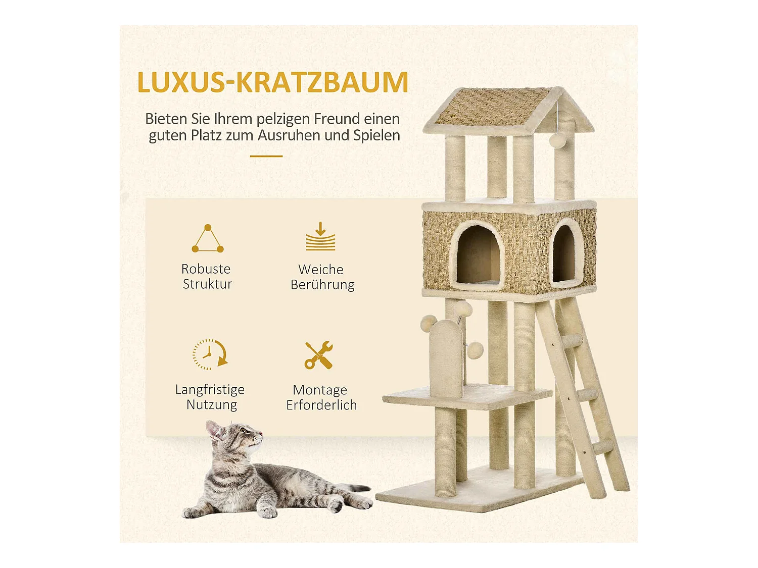 Krabpaal met tunnel, 2-in-1 design, jute, voor katten tot 5 kg, beige en kaki (69x40x131 cm)