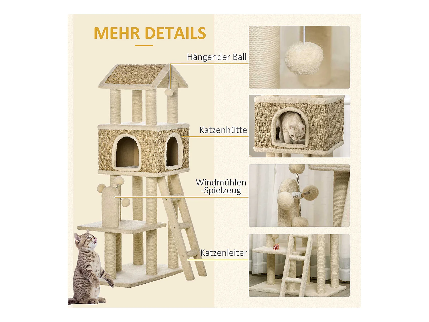 Krabpaal met tunnel, 2-in-1 design, jute, voor katten tot 5 kg, beige en kaki (69x40x131 cm)