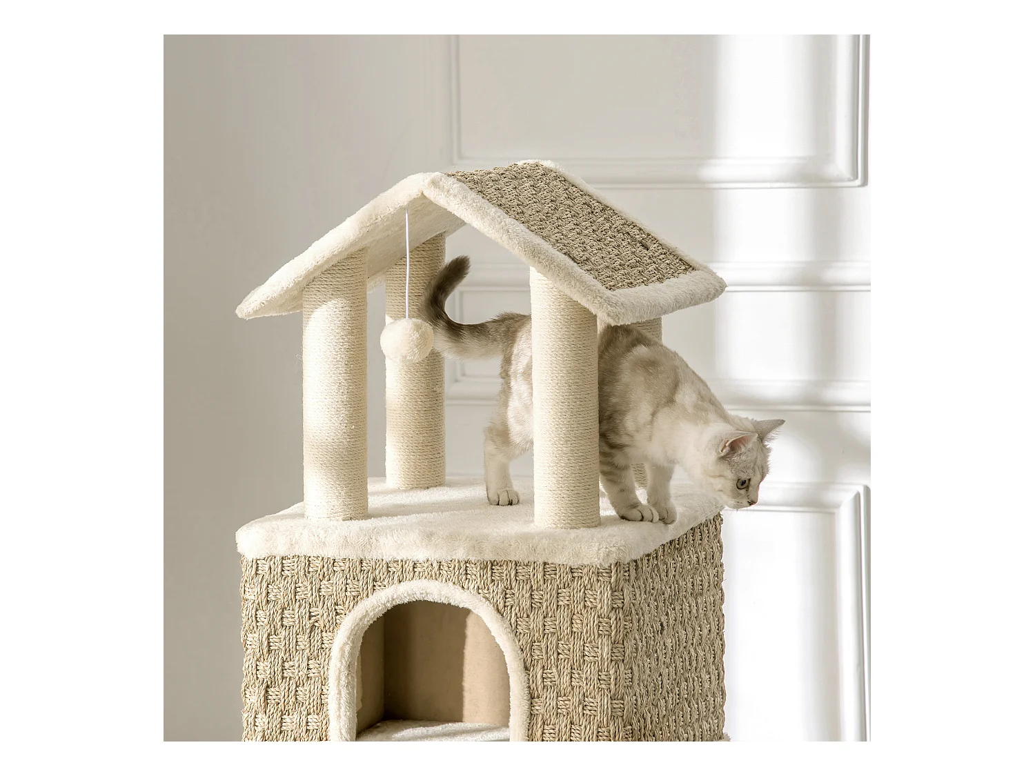 Krabpaal met tunnel, 2-in-1 design, jute, voor katten tot 5 kg, beige en kaki (69x40x131 cm)