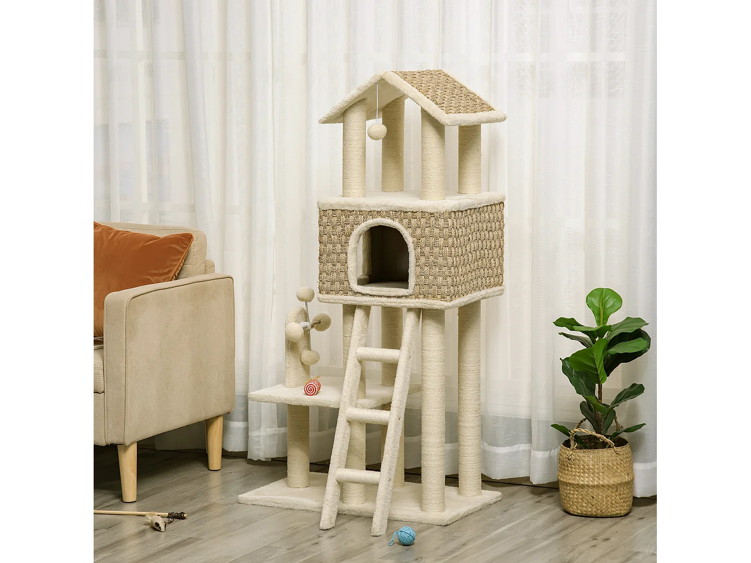 Tiragraffi con tunnel, design 2 in 1, iuta, per gatti fino a 5 kg, beige e kaki (69x40x131 cm)