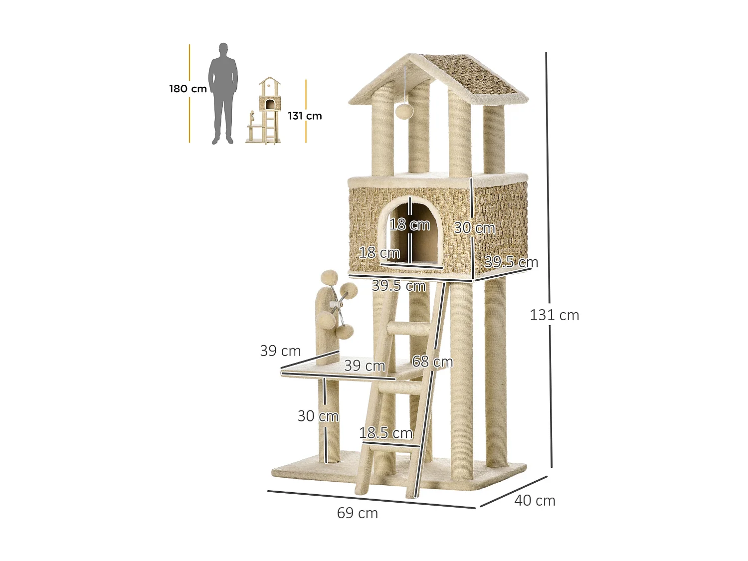 Tiragraffi con tunnel, design 2 in 1, iuta, per gatti fino a 5 kg, beige e kaki (69x40x131 cm)