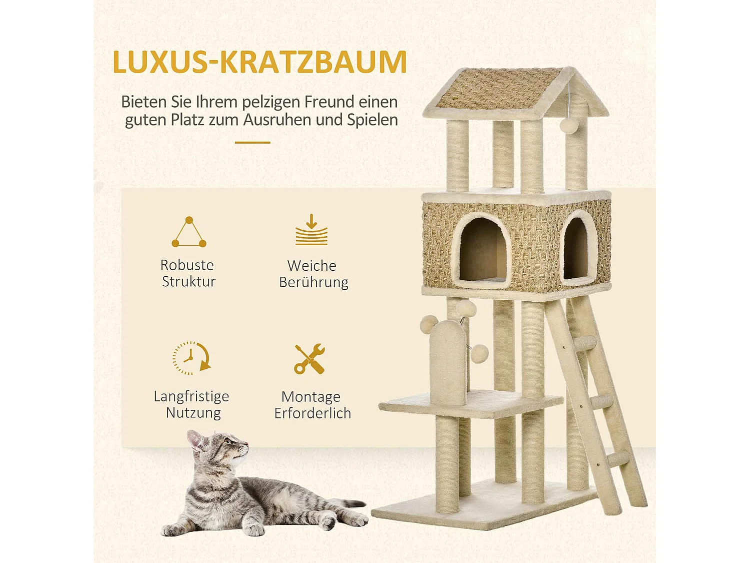 Tiragraffi con tunnel, design 2 in 1, iuta, per gatti fino a 5 kg, beige e kaki (69x40x131 cm)