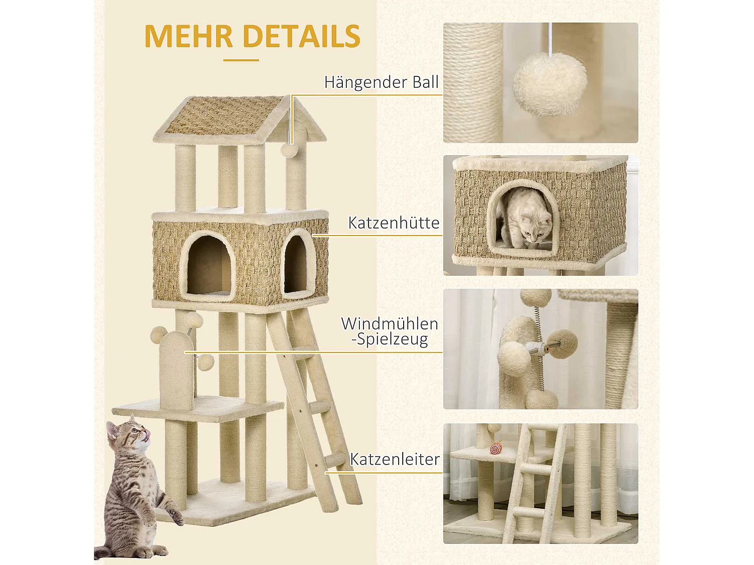 Tiragraffi con tunnel, design 2 in 1, iuta, per gatti fino a 5 kg, beige e kaki (69x40x131 cm)