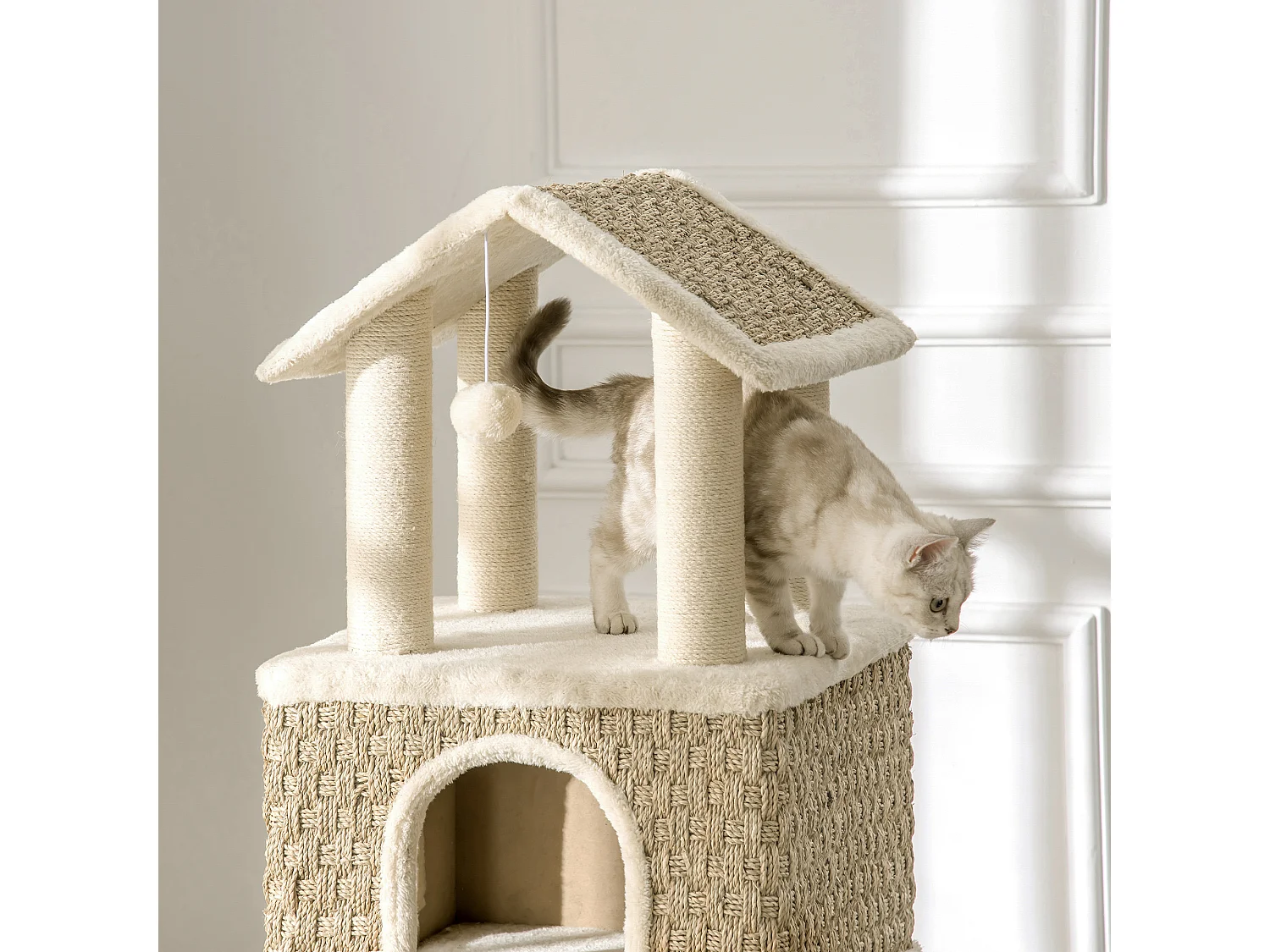 Tiragraffi con tunnel, design 2 in 1, iuta, per gatti fino a 5 kg, beige e kaki (69x40x131 cm)