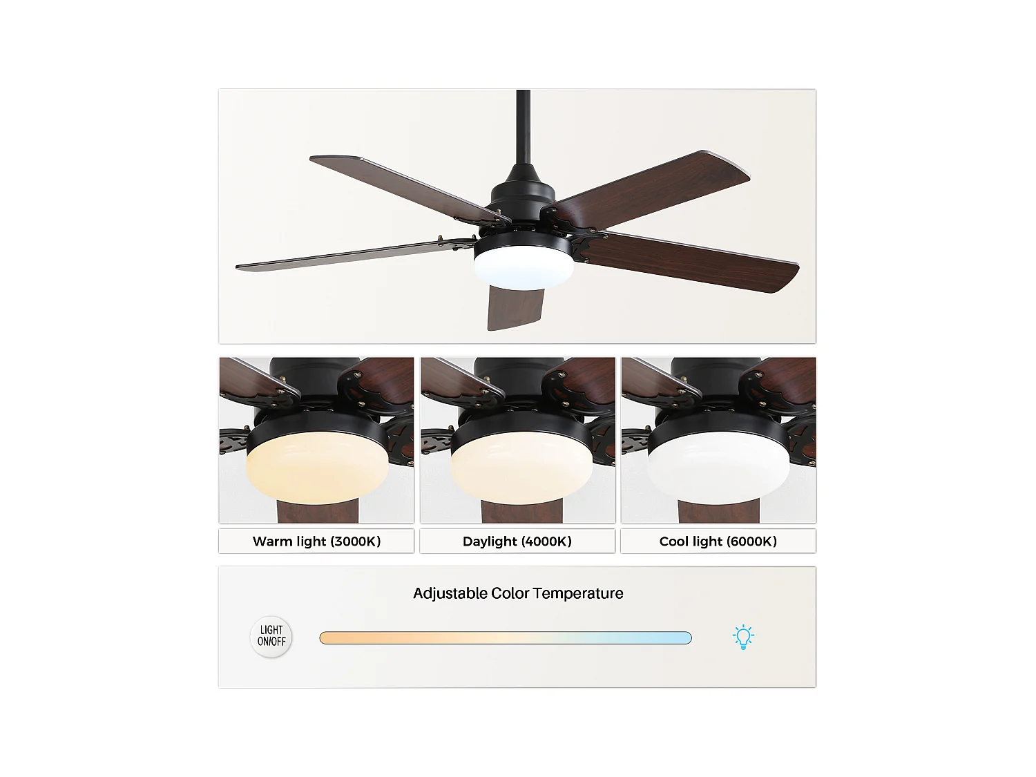 Ventilateur de plafond 42 pouces avec éclairage LED 18W, télécommande, moteur DC silencieux (106.68x106.68x24.38 cm)