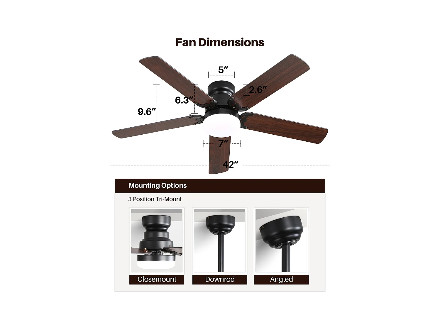 Ventilateur de plafond 42 pouces avec éclairage LED 18W, télécommande, moteur DC silencieux (106.68x106.68x24.38 cm)