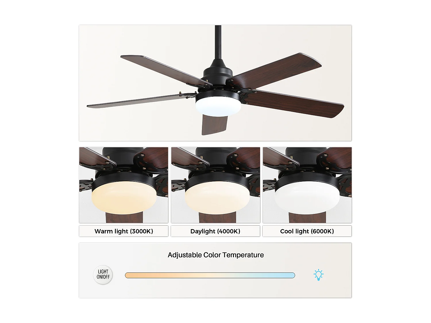 Plafondventilator van 42 inch met 18W LED-verlichting, afstandsbediening, stille DC-motor (106,68 x 106,68 x 24,38 cm)