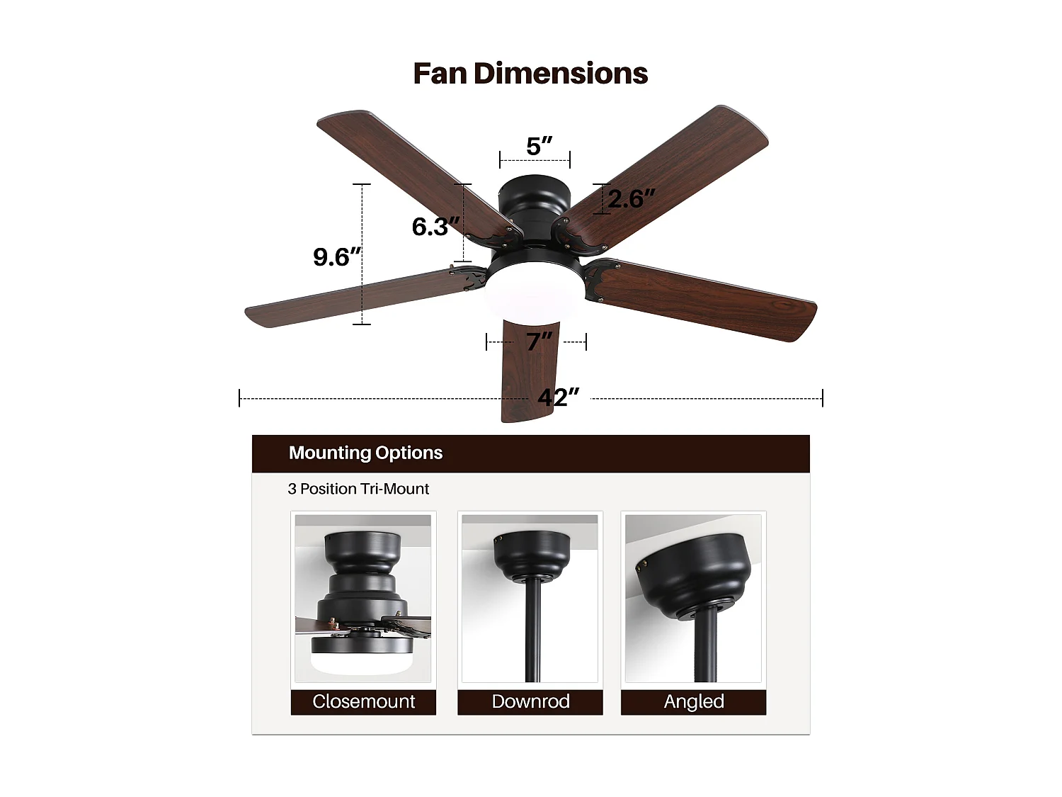 Plafondventilator van 42 inch met 18W LED-verlichting, afstandsbediening, stille DC-motor (106,68 x 106,68 x 24,38 cm)