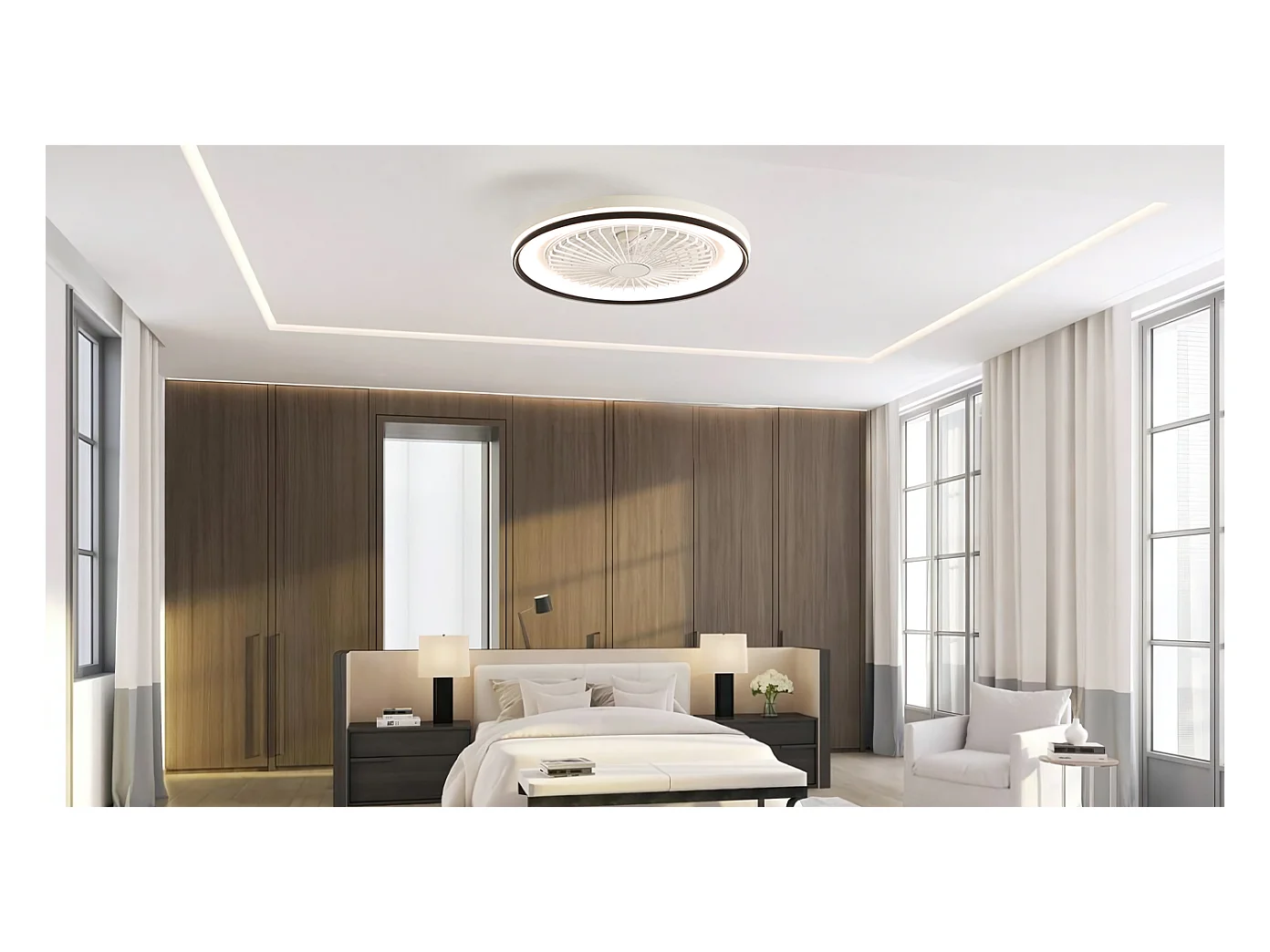 Ventilateur de plafond 19 pouces avec télécommande, 3 pales ABS, moteur DC ultra-silencieux, LED dimmable RGB 3 couleurs (48.26x48.26x12.7 cm)