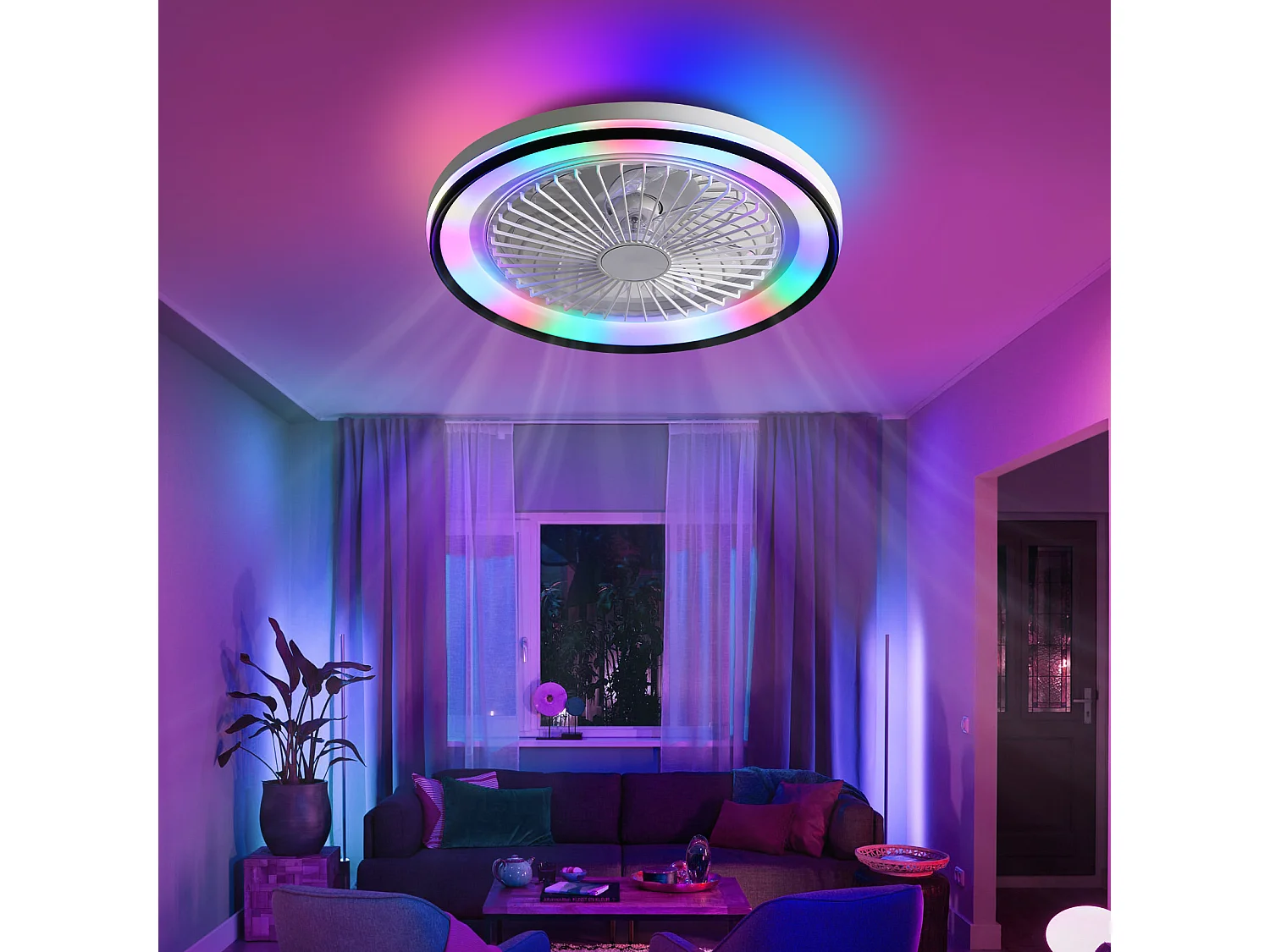 Ventilateur de plafond 19 pouces avec télécommande, 3 pales ABS, moteur DC ultra-silencieux, LED dimmable RGB 3 couleurs (48.26x48.26x12.7 cm)