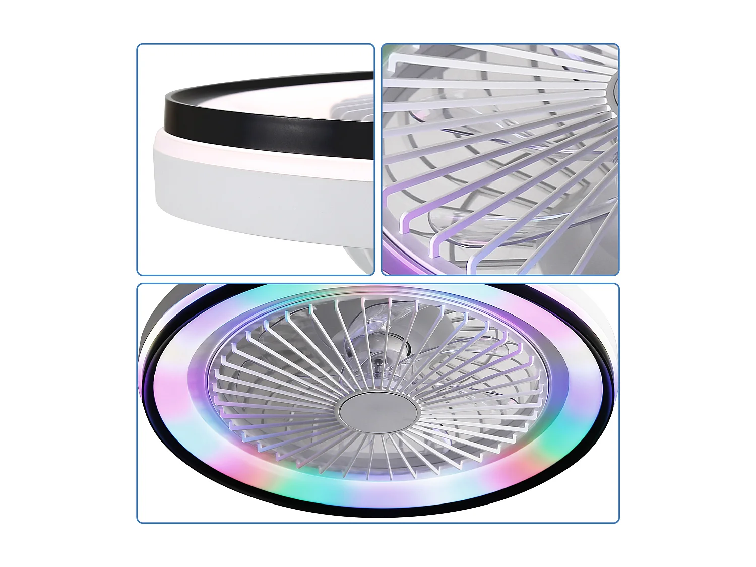 Ventilateur de plafond 19 pouces avec télécommande, 3 pales ABS, moteur DC ultra-silencieux, LED dimmable RGB 3 couleurs (48.26x48.26x12.7 cm)