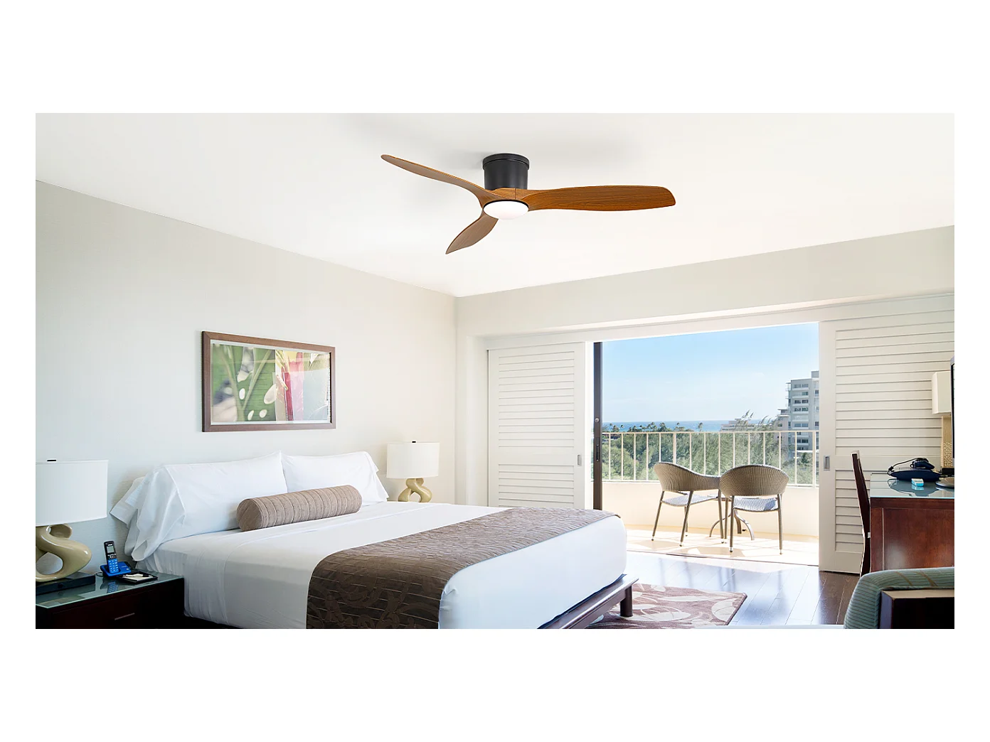 Ventilateur de plafond 52 pouces avec télécommande, 3 pales ABS, LED 18W dimmable, 3 couleurs, fonction réversible, noir (132x132x22.86 cm)