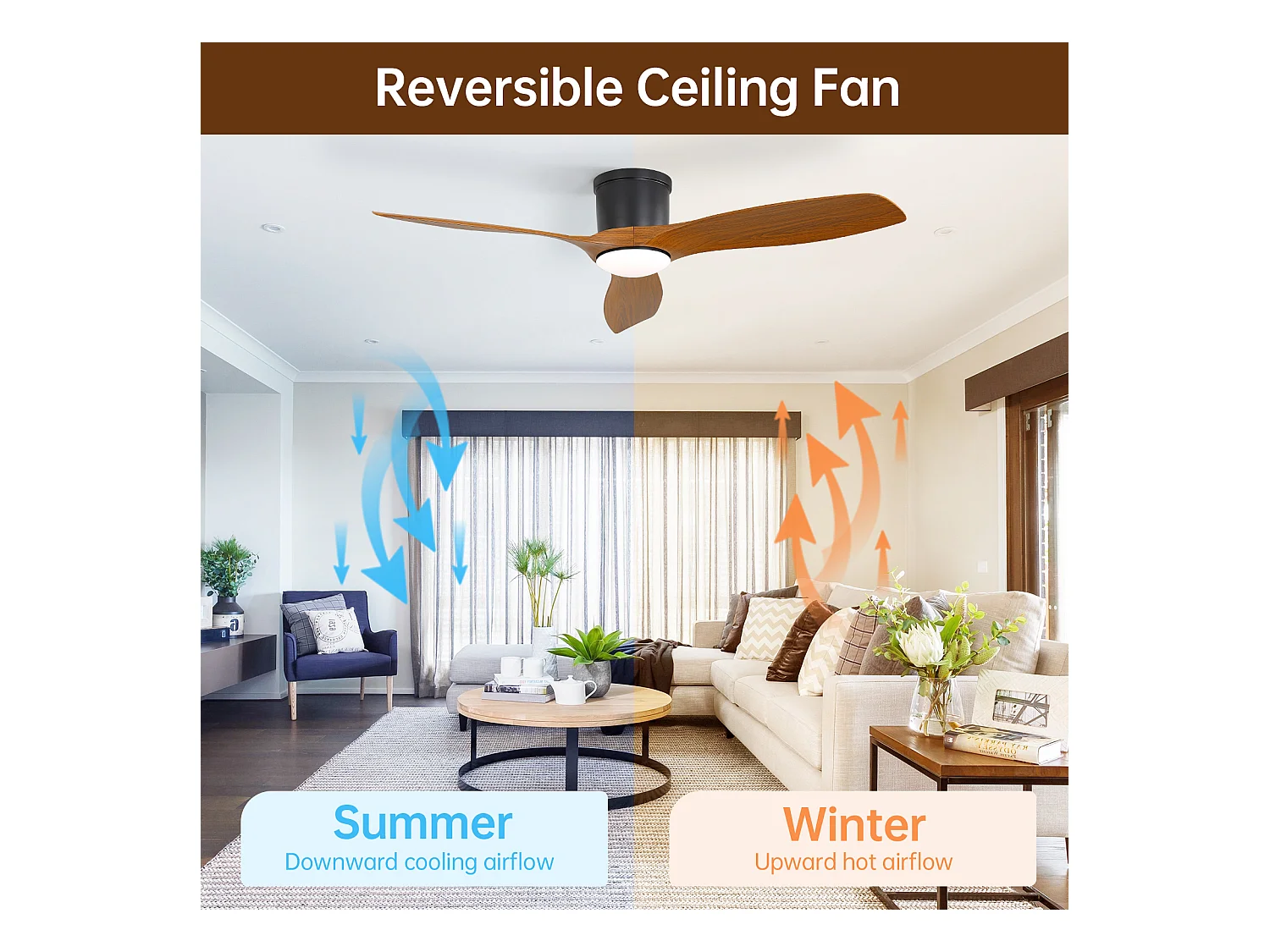 Ventilateur de plafond 52 pouces avec télécommande, 3 pales ABS, LED 18W dimmable, 3 couleurs, fonction réversible, noir (132x132x22.86 cm)