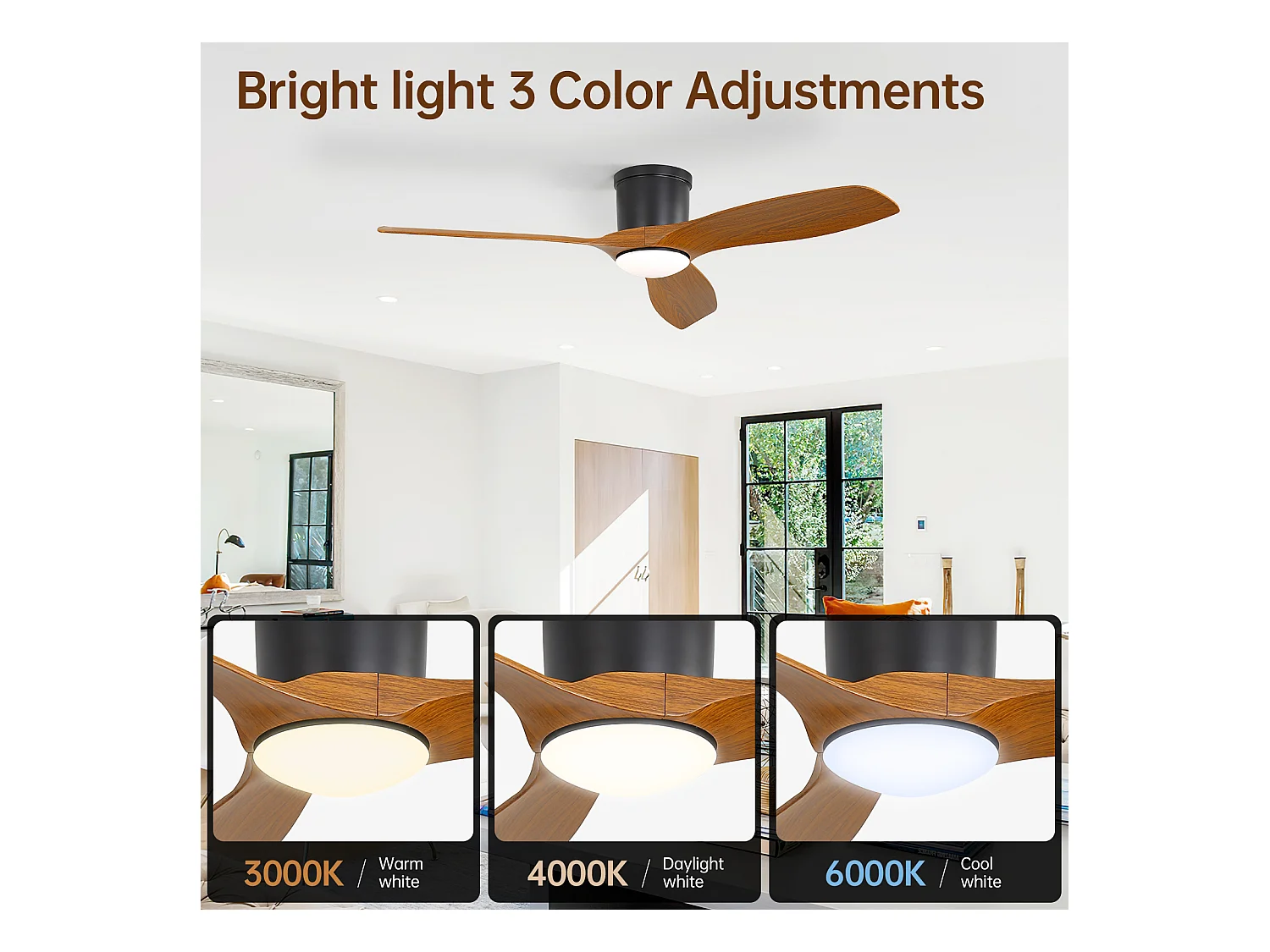 Ventilateur de plafond 52 pouces avec télécommande, 3 pales ABS, LED 18W dimmable, 3 couleurs, fonction réversible, noir (132x132x22.86 cm)