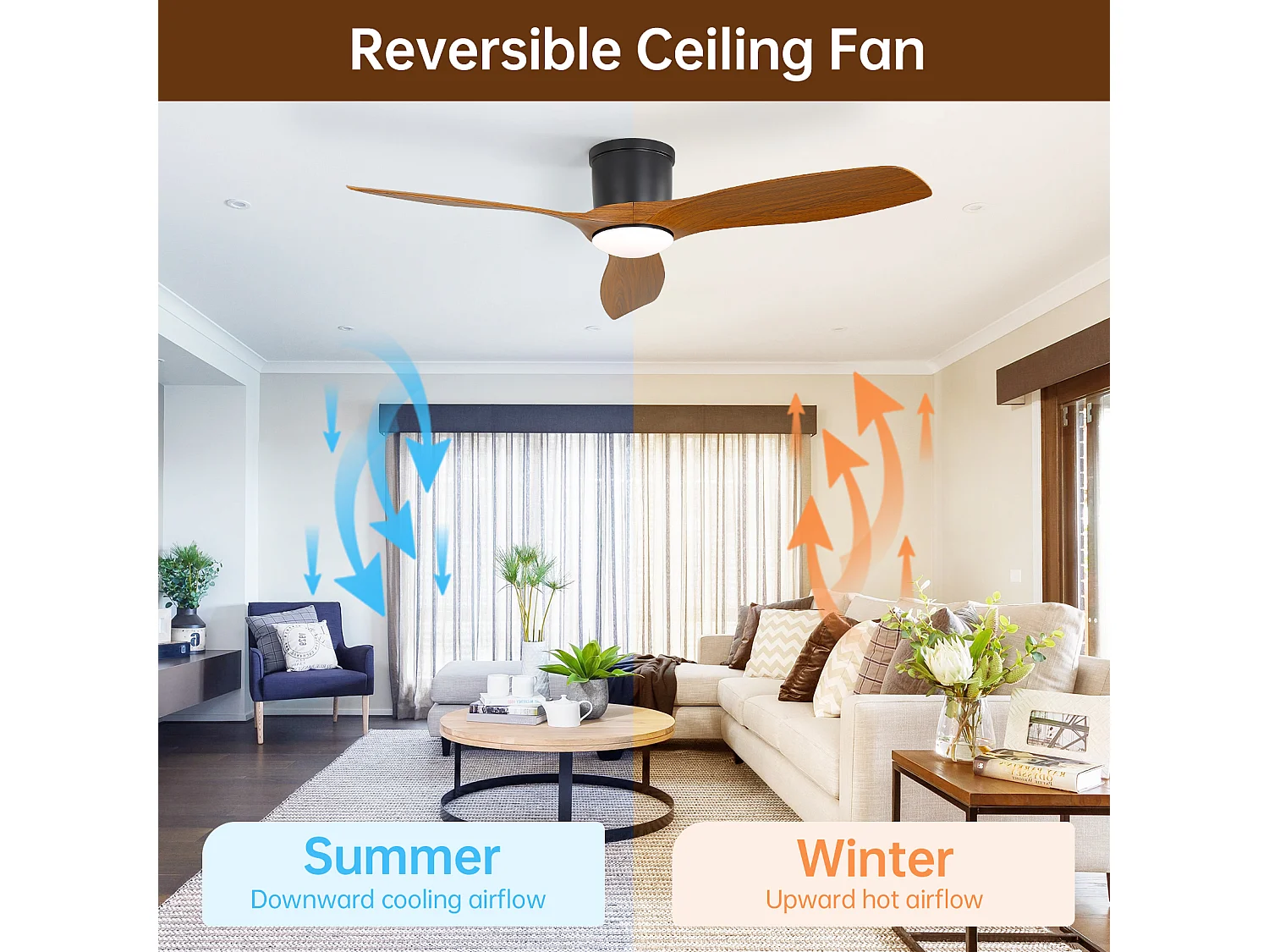 Plafondventilator van 52 inch met afstandsbediening, 3 ABS-bladen, dimbare led van 18 W, 3 kleuren, omkeerbare functie, zwart (132x132x22,86 cm)