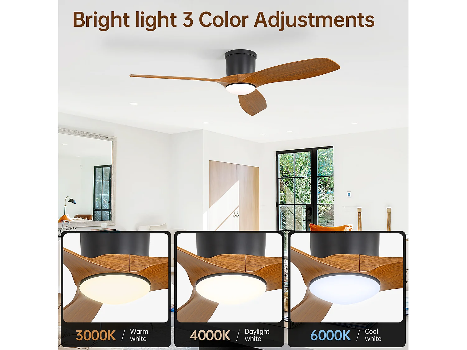 Plafondventilator van 52 inch met afstandsbediening, 3 ABS-bladen, dimbare led van 18 W, 3 kleuren, omkeerbare functie, zwart (132x132x22,86 cm)