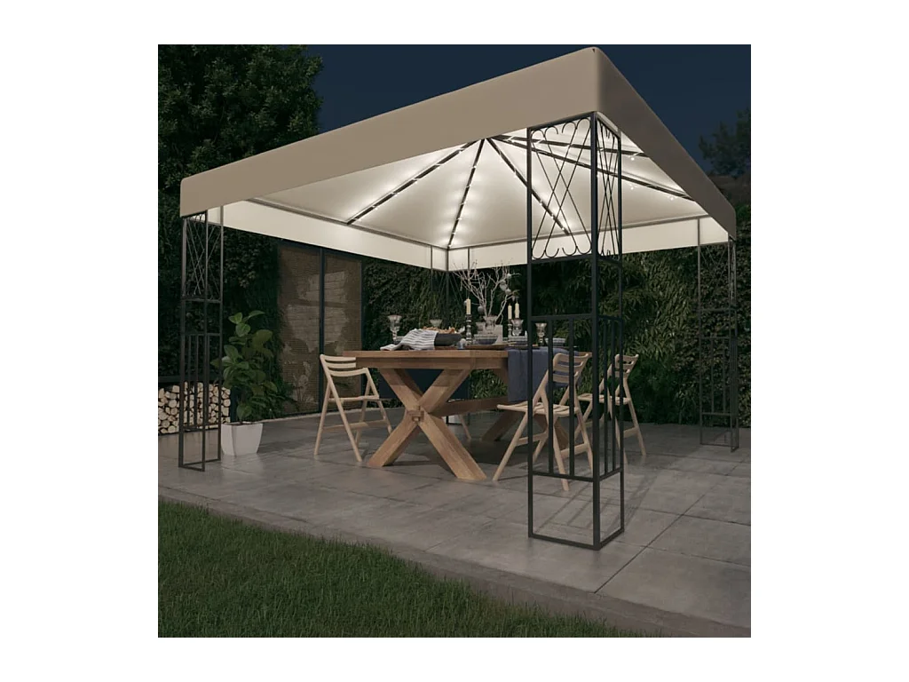 Gazebo con ghirlanda luminosa a LED 3x3 m Tessuto Crema