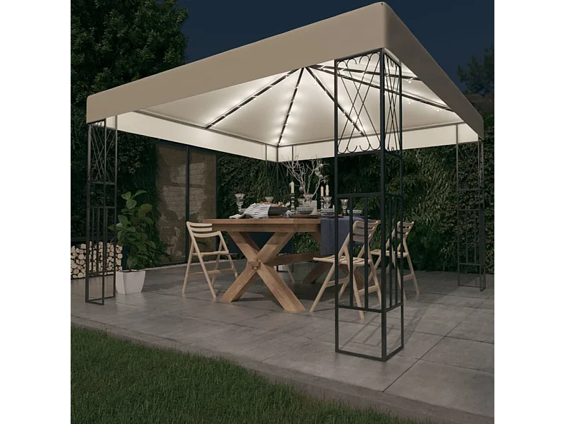 Gazebo con guirnalda de luces LED 3x3 m Tela Crema