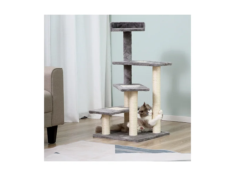 Kattenboom met plateaus, sisal, kussen, 5 niveaus, hout, beige en grijs (48,5x48,5x100 cm)