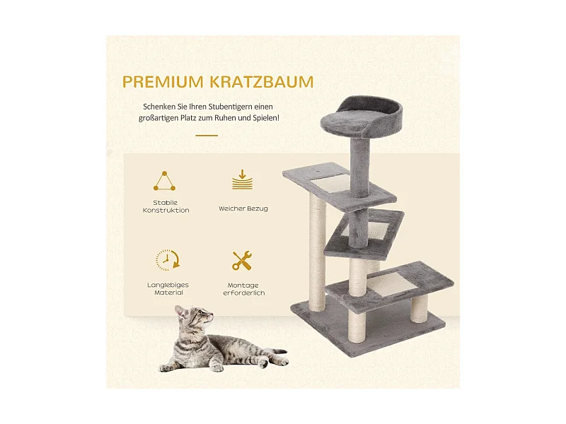 Kattenboom met plateaus, sisal, kussen, 5 niveaus, hout, beige en grijs (48,5x48,5x100 cm)