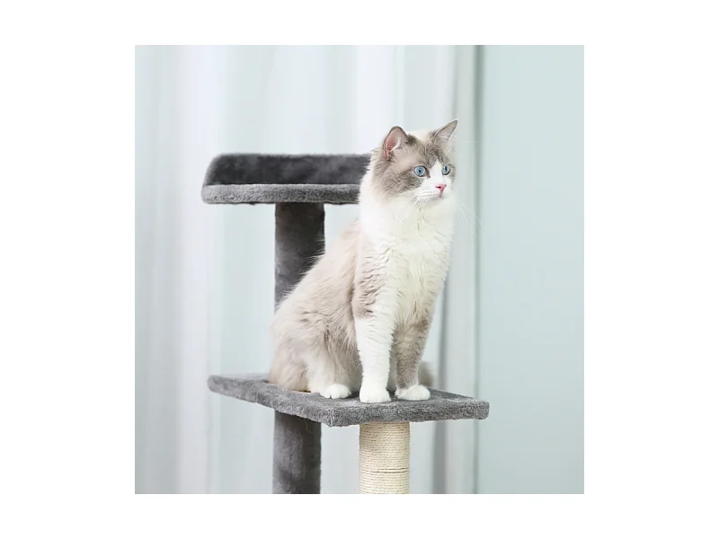 Kattenboom met plateaus, sisal, kussen, 5 niveaus, hout, beige en grijs (48,5x48,5x100 cm)