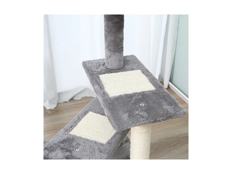 Kattenboom met plateaus, sisal, kussen, 5 niveaus, hout, beige en grijs (48,5x48,5x100 cm)