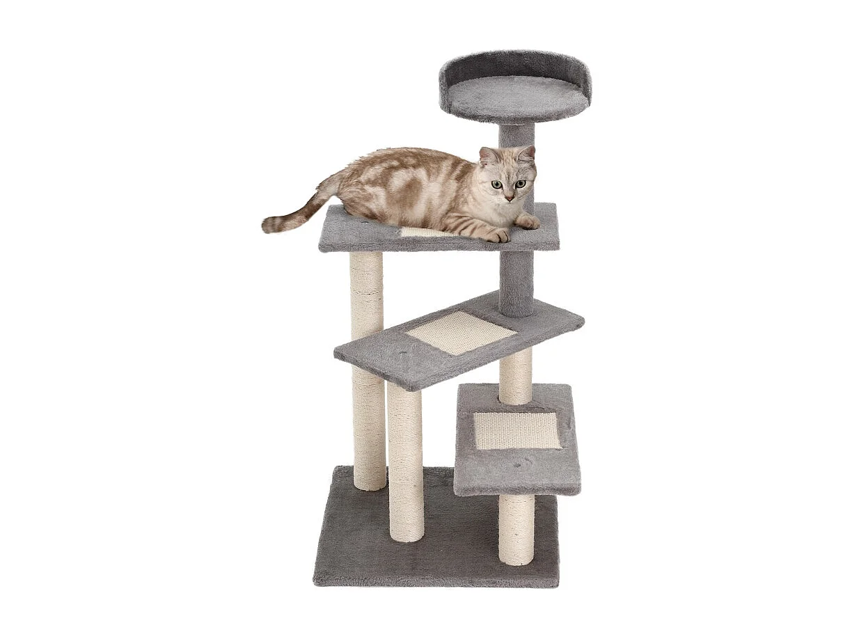 Árbol para gatos con plataformas, sisal, cojín, 5 niveles, madera, beige y gris (48,5x48,5x100 cm)