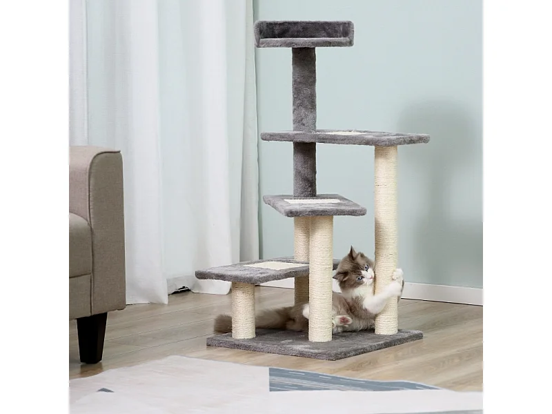 Árbol para gatos con plataformas, sisal, cojín, 5 niveles, madera, beige y gris (48,5x48,5x100 cm)