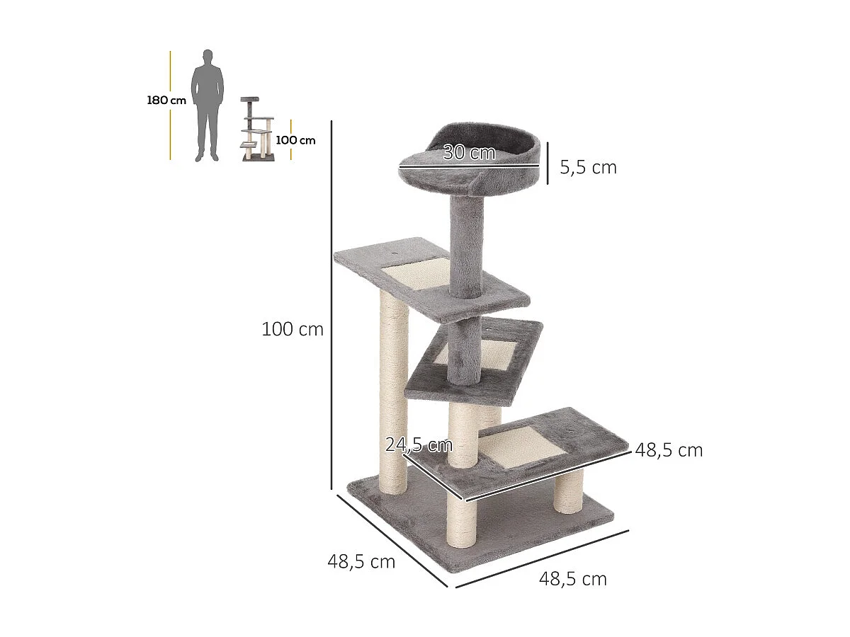 Árbol para gatos con plataformas, sisal, cojín, 5 niveles, madera, beige y gris (48,5x48,5x100 cm)