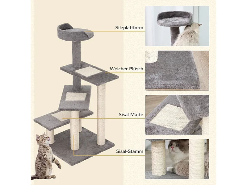 Árbol para gatos con plataformas, sisal, cojín, 5 niveles, madera, beige y gris (48,5x48,5x100 cm)