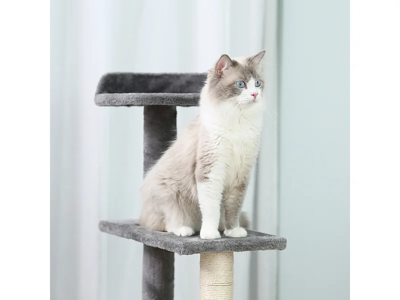 Árbol para gatos con plataformas, sisal, cojín, 5 niveles, madera, beige y gris (48,5x48,5x100 cm)