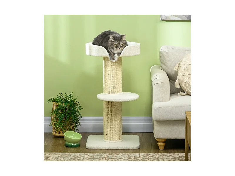 Tiragraffi con piattaforma, sisal, peluche, lana d'agnello, beige (45x45x91 cm)