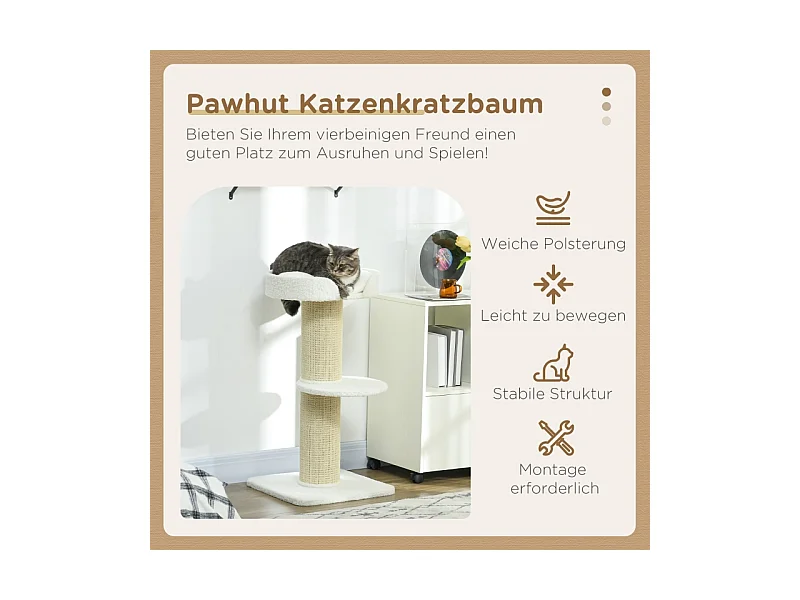 Tiragraffi con piattaforma, sisal, peluche, lana d'agnello, beige (45x45x91 cm)