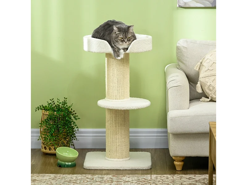 Tiragraffi con piattaforma, sisal, peluche, lana d'agnello, beige (45x45x91 cm)