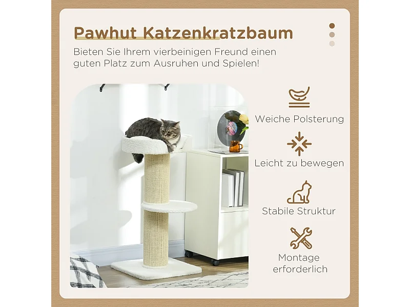 Tiragraffi con piattaforma, sisal, peluche, lana d'agnello, beige (45x45x91 cm)