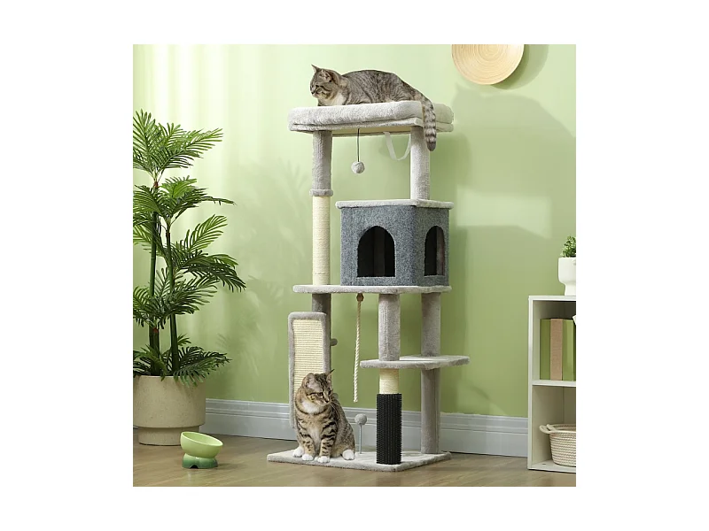 Arbre à chat avec Kratzpfosten, maison, plateforme et accessoires, bois, gris clair, (55x44x132 cm)