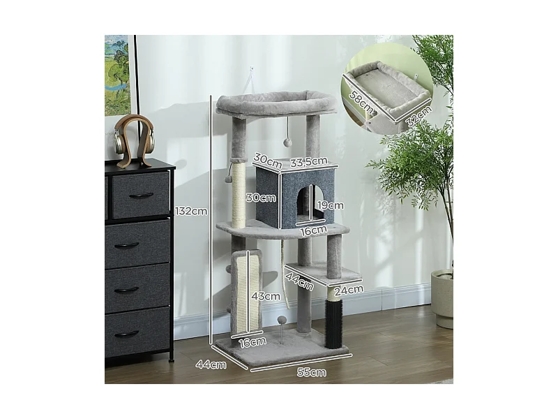 Arbre à chat avec Kratzpfosten, maison, plateforme et accessoires, bois, gris clair, (55x44x132 cm)