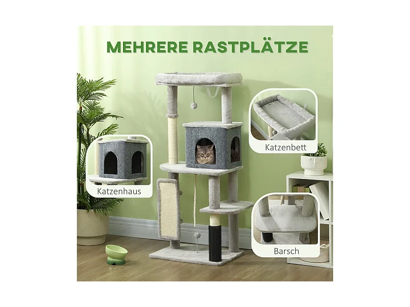 Arbre à chat avec Kratzpfosten, maison, plateforme et accessoires, bois, gris clair, (55x44x132 cm)
