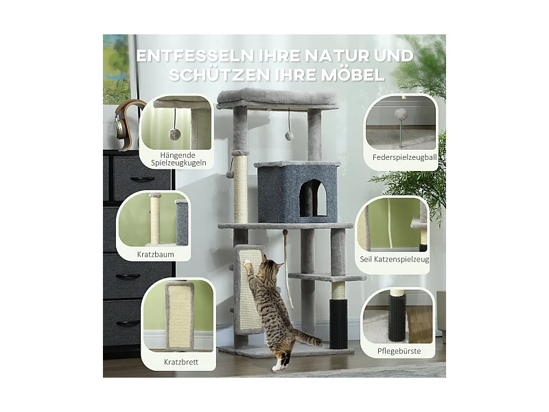 Arbre à chat avec Kratzpfosten, maison, plateforme et accessoires, bois, gris clair, (55x44x132 cm)