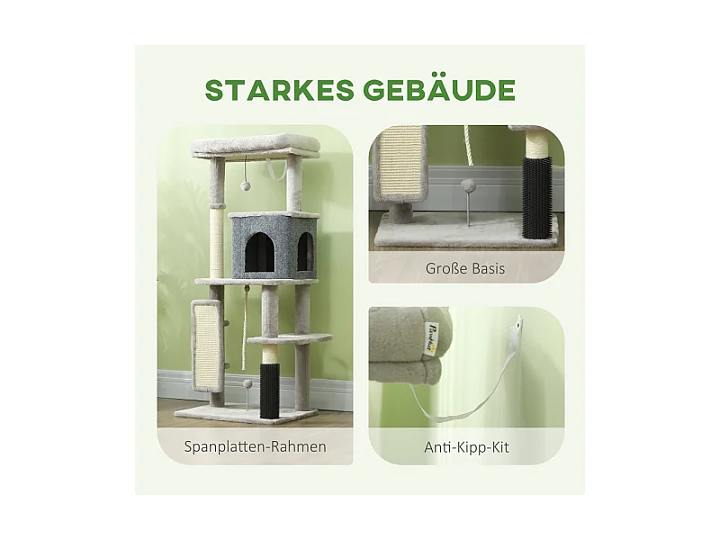 Arbre à chat avec Kratzpfosten, maison, plateforme et accessoires, bois, gris clair, (55x44x132 cm)