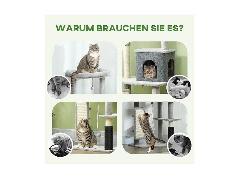 Arbre à chat avec Kratzpfosten, maison, plateforme et accessoires, bois, gris clair, (55x44x132 cm)