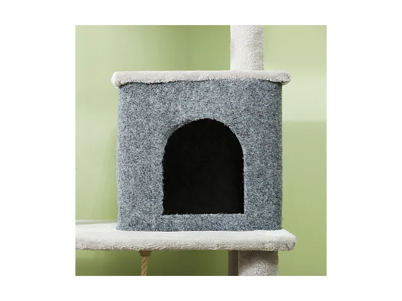 Arbre à chat avec Kratzpfosten, maison, plateforme et accessoires, bois, gris clair, (55x44x132 cm)