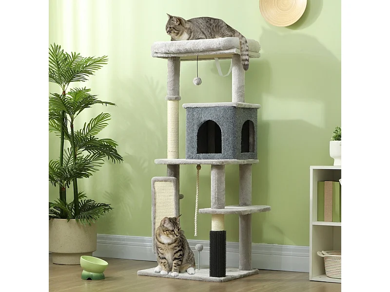 Tiragraffi con Kratzpfosten, casetta, piattaforma e accessori, legno, grigio chiaro, (55x44x132 cm)