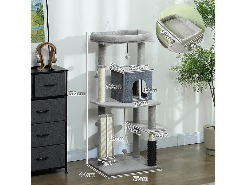 Tiragraffi con Kratzpfosten, casetta, piattaforma e accessori, legno, grigio chiaro, (55x44x132 cm)