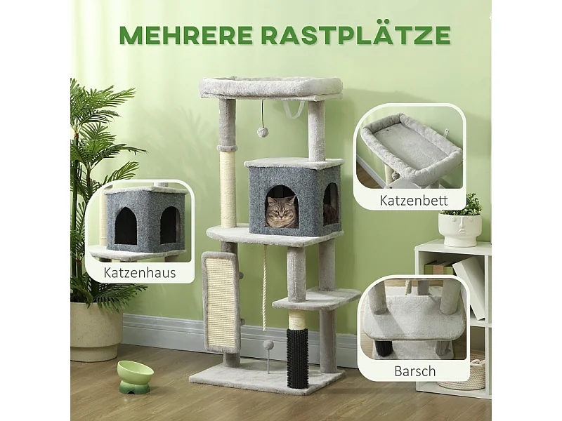 Tiragraffi con Kratzpfosten, casetta, piattaforma e accessori, legno, grigio chiaro, (55x44x132 cm)