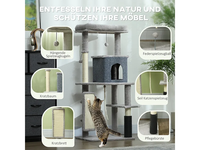 Tiragraffi con Kratzpfosten, casetta, piattaforma e accessori, legno, grigio chiaro, (55x44x132 cm)